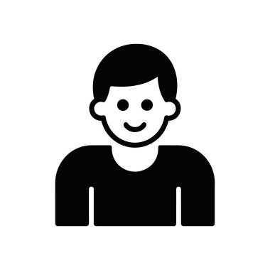 Vektör grafiğinde, beyaz arka planda gülümseyen bir çocuğun başı ve omuzlarının siyah, düz bir tasarım simgesi yer alıyor. Web sitesi veya uygulama kullanıcı arayüzü tasarımları için ideal.