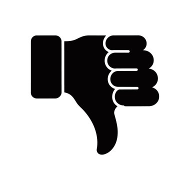 Görüntü düz, minimalist bir vektör simgesidir, beyaz arkaplan üzerinde siyah başparmaklı aşağı hareket, web tasarımı ve kullanıcı arayüzleri için uygundur.