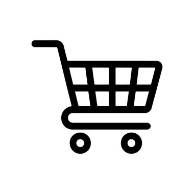 Minimum tasarımı olan siyah vektör alışveriş arabası simgesi, beyaz arka planda izole edilmiş, ekomünikasyon ve perakende projelerini geliştirmek için mükemmel.