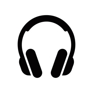 Vektör grafiği siyah kulaklık simgesini beyaz bir arkaplanda gösteriyor. Müzik, ses, eğlence ve teknolojiyi sembolize eder. Web sitesi tasarımı ve yazdırma ortamı için kullanışlı.