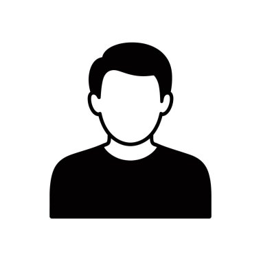 Bu bir adamı temsil eden minimalist bir siyah vektör ikonu. Şeklin kısa siyah saçları ve temiz beyaz bir arkaplanı, modern bir grafiği var..