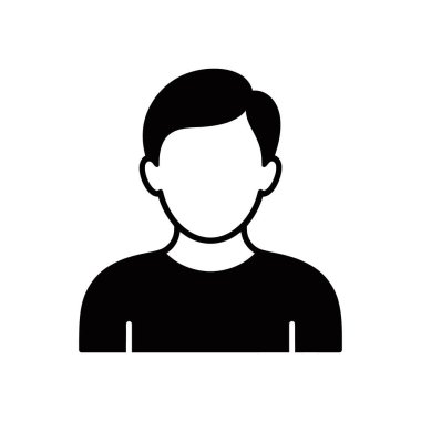 Beyaz arkaplanda siyah siluet vektör simgesi var. Kısa, düzgün taranmış saçlı, üst gövdesini gösteren bir tişört giyen yüzsüz adam tasvir ediliyor..