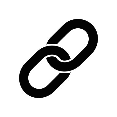 Beyaz bir arkaplanda izole edilmiş, basit bir siyah vektör simgesi birbirine kenetlenmiş iki zincir bağlantısını tasvir eder, bir minimalist tasarımda bağlantıyı, ağı veya web bağlantılarını sembolize eder..