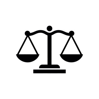 Terazinin basit siyah silueti adaleti, hukuku, adaleti ve dengeyi sembolize eder. Hukuki temalar ve eşitlikle ilgili grafik tasarımı için beyaz arkaplanda simge.