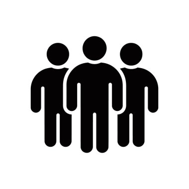 İzole vektör grafiği üç kişinin bir arada durduğu siyah bir siluet simgesi sunar. Beyaz arka planda takımları, toplulukları veya grupları temsil etmeye uygundur.