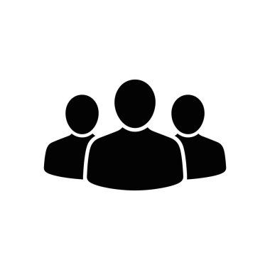 Beyaz arka planda siyah siluetler olarak temsil edilen üç kişilik bir grubun izole ikonu. Toplumu veya takımı temsil etmek için basit, minimalist tasarım.