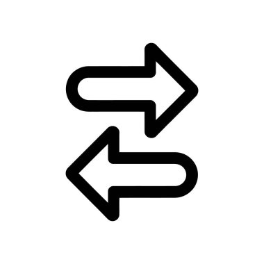 Bu siyah taslak simge iki yuvarlak ok gösterir, biri sağı ve biri solu gösterir. Basit bir tasarımı var ve beyaz bir arkaplanda..