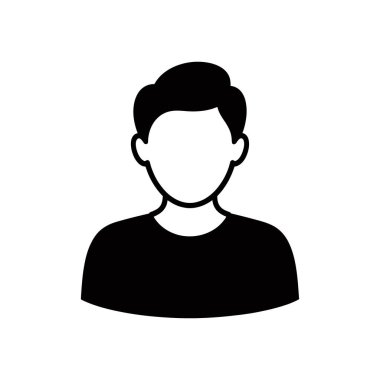 Bir insanın basit ve temiz siyah vektör simgesi. Omuzlarından yukarısına, kısa siyah saçlı ve beyaz arka planda siyah gömlekli yüzü olmayan bir adam..