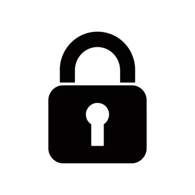 Beyaz bir zemin üzerinde izole edilmiş, basit bir düz vektör ikonu. Güvenlik, koruma, gizlilik ve güvenliği temsil ediyor..