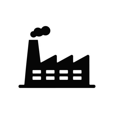 Katı bir siyah fabrika ikonu, bina uzunluğu boyunca pencere benzeri yapılara sahip, beyaz bir arkaplan üzerine kurulmuş, duman yayan bir baca yığınını gösterir..