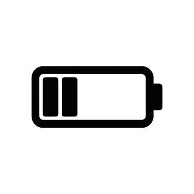 Yarım şarj gösteren bir batarya simgesinin vektör çizimi, temiz beyaz zemine karşı koyu siyah renkte yapılmış. Güç, enerji ve şarj durumu göstergesi.