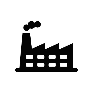 Bacadan çıkan dumanlı basit bir siyah fabrika ikonu. Vektör grafik çizimi baskı ve web tasarımı için harikadır. Beyaz arkaplan, kullanımı kolay.