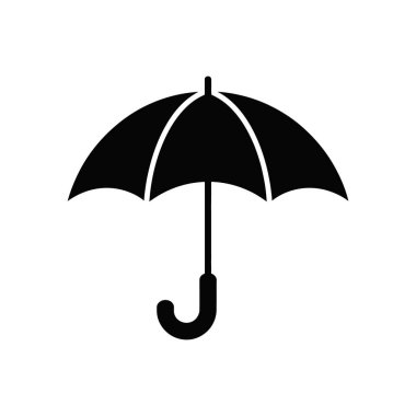 Hava durumu veya korunmayla ilgili çeşitli dijital ve yazdırma tasarımları için uygun beyaz bir arkaplanda gösterilen basit bir siyah şemsiye vektörü.