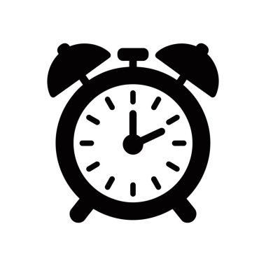 Beyaz arkaplanda bir siyah alarm saat simgesi, zaman yönetimi, hatırlatıcılar, son teslim tarihleri ve net bir şekilde tanımlanmış konseptler için mükemmel.