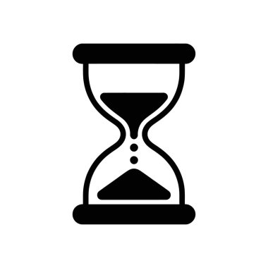 Beyaz zemin üzerinde siyah kum saati vektör simgesi var. Zaman geçişini, geri sayımı ve son teslim tarihini gösteriyor. Acil ve kısıtlı zaman dilimlerini temsil etmek için mükemmel..