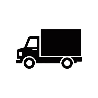 Beyaz arka planda, dijital tasarımlarda lojistik, ulaşım ve dağıtım hizmetlerini resmetmek için ideal bir siyah kamyon simgesinin vektör çizimi.