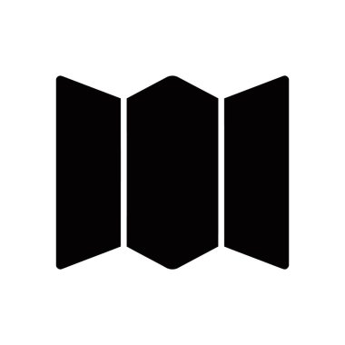 Beyaz arkaplanda siyah vektör haritası simgesi, seyahat, coğrafya ve turizm uygulamaları ve web siteleri için katlanmış bir kağıt seyahat haritası tasvir eder..