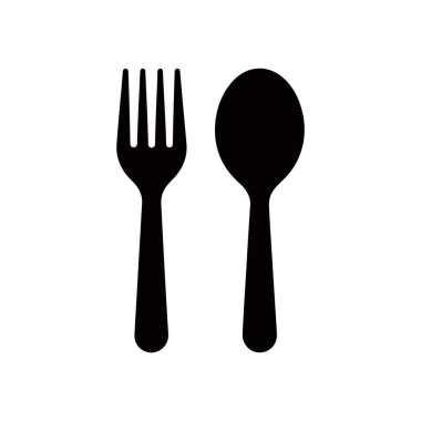 Beyaz arka planda siyah bir çatal ve kaşığın siluetini gösteriyor. Temiz çizgileri olan bir vektör grafiği. Yemek ve restoran tasarımı için basit ve temel bir simge.