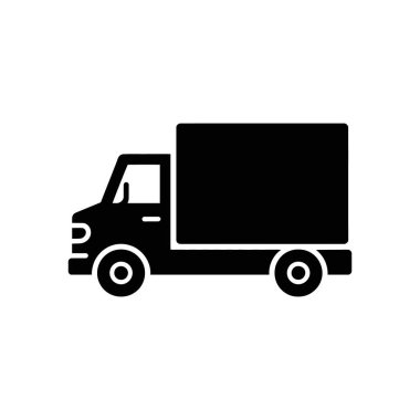 Beyaz arka planda kargo konteynırı olan bir teslimat kamyonunun izole edilmiş siyah vektör simgesi. Lojistik, nakliye ve ulaşım tasarımları için mükemmel..