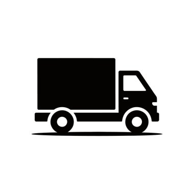 Bir dağıtım kamyonunun minimalist siyah-beyaz vektör simgesi, yan perspektiften gösteriliyor, beyaz arka planda temiz ve düz bir tasarım sergiliyor..