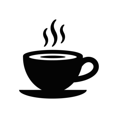 Bir kahve fincanının siyah vektör simgesi buhar yayıyor, bir fincan tabağının üzerinde dinleniyor, beyaz bir arka plan üzerine kurulmuş. Menüler, web siteleri ve açık kahve sembolüne ihtiyaç duyan grafik tasarımlar için harika..