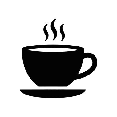 Simge, çay tabağıyla birlikte sıcak bir kahveyi fincanda sergiliyor. İçecekle ilgili tasarımlar, kafe markalaşması ya da mola zamanı için semboller için idealdir. Beyaz arkaplanda siyah grafik.