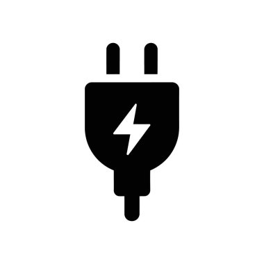 Elektrik enerjisini gösteren bir yıldırım sembolü gösteren, beyaz bir arka planda bulunan, iki lobutlu siyah güç ikonunun izole edilmiş grafiği.
