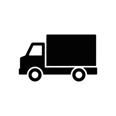 Vektör simgesi, lojistik semboller için ideal, temiz beyaz bir arkaplan karşısında minimalist tarzda yapılmış, bir dağıtım kamyonunun katı siyah siluetini içerir.