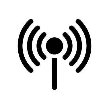 Görüntü, siyah antenli kablosuz sinyal simgesi ve beyaz arkaplanda kablosuz iletimi temsil eden kıvrımlı çizgiler gösteriyor. Web tasarımları için ideal.