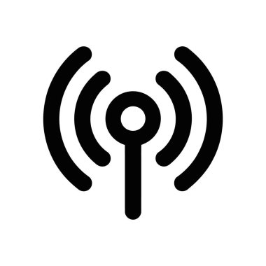 Beyaz arka planda izole edilmiş, antenden yayılan eş merkezli dalgaları içeren siyah bir wifi sinyal ikonunun basit ve temiz bir gösterimi. Vektör simgesi.