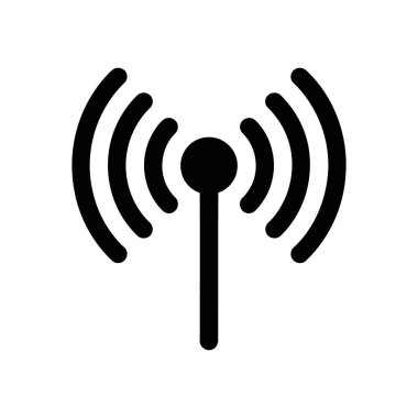 Beyaz arkaplan üzerinde merkezi bir antenden yayılan kablosuz sinyal dalgalarını gösteren basit bir siyah vektör simgesi, ağ simgeleri veya bağlantı göstergeleri için uygundur.