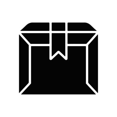 Bir nakliye kutusu tasvir eden siyah siluet vektörü. En üstte dekoratif bir kurdele ya da etiket var. Lojistik ve e-ticaret tasarımları için ideal.