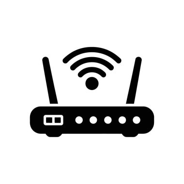 Beyaz bir arkaplan üzerine, web tasarımı ve diğer projeler için mükemmel bir şekilde yerleştirilmiş, antenleri ve kablosuz internet sinyalli siyah bir yönlendiricinin izole edilmiş vektör çizimi.