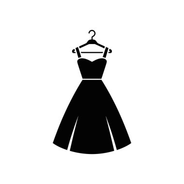 Bir siyah vektör simgesi, çeşitli tasarım uygulamaları için beyaz bir zemin üzerine dizayn edilmiş, askıdan sarkıtılmış, omuz kayışlı bir elbise ve alevli bir etek içerir..