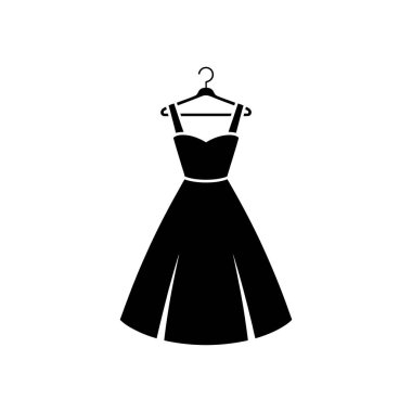 Bir askıda siyah elbise siluet vektör ikonu, modaya uygun bir tasarım unsuru sergiliyor. Kolay entegrasyon ve çok yönlülük için beyaz bir arkaplanda izole edilmiş.