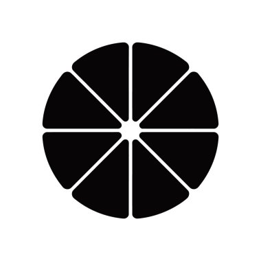 Basitleştirilmiş siyah vektör illüstrasyonu, bir turunçgil diliminin eşit parçalara bölünerek bir daire oluşturduğunu gösteriyor. Beyaz arkaplandaki izole görüntü, logolar için ideal.