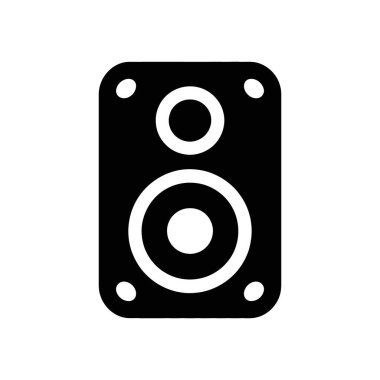 Beyaz detayları içeren basit bir siyah hoparlör simgesi, vektör biçiminde çok yönlülük ve kullanım kolaylığı için temiz bir beyaz arkaplan karşısındadır.