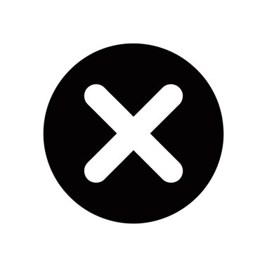 Minimalist vektör illüstrasyonunda açık beyaz bir 'x' sembolü içeren siyah bir çember vardır, temiz, basit bir beyaz arkaplana karşı sunulur. Kullanıcı arayüzü tasarımları için ideal.