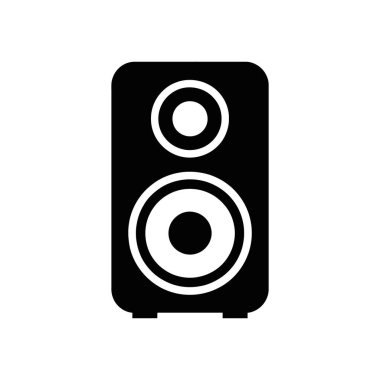 Beyaz zemin üzerinde iki eş merkezli dairesel hoparlörü olan, ses ekipmanlarını tasvir eden basit bir siyah vektör simgesi. Web tasarımları için kullanması kolay.