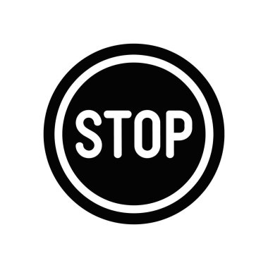 Görüntü, dairesel sınırda beyaz 'DUR' yazılı siyah bir dur işareti simgesine sahip. Çeşitli güvenlik ve düzenleyici bağlamlar için uygun vektör tasarımı.