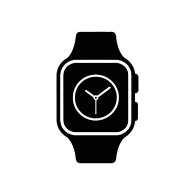 Beyaz arkaplana göre ayarlanmış, saat yüzlü siyah akıllı bir saatin yüksek çözünürlüklü vektör simgesi. Teknoloji, tasarım veya zamanla ilgili projeler için uygundur.