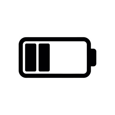 Düşük şarj seviyesini gösteren bir pil simgesi. Ana hatları simsiyahtır. İki bölüm doludur. Temiz beyaz arka planda güç kaybına işaret eder..