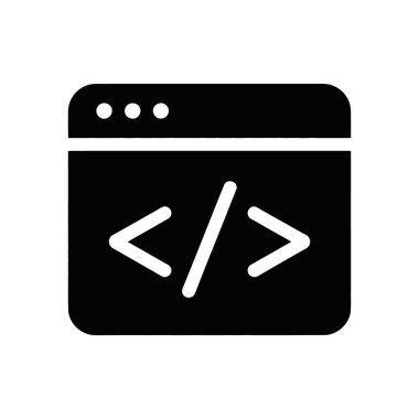 Beyaz arkaplanda gelişimi, programlamayı ve yazılım oluşturulmasını temsil eden bir açı parantezi kodlama sembolünü gösteren izole edilmiş siyah vektör pencere simgesi.