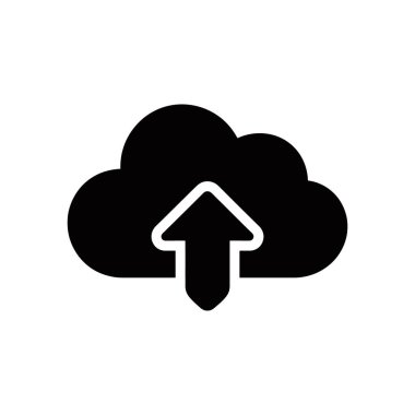 Yukarı bakan bir ok simgesine sahip koyu siyah bir bulut grafiği, veri yüklemesini, bulut hizmetlerini ve dosya paylaşımını sembolize eder, hepsi beyaz arkaplana karşı ayarlanır.
