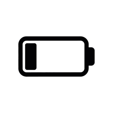 Kolayca tanınan bir siyah ana hat vektör ikonu neredeyse bitmiş bir batarya tasvir eder. Kullanıcı arayüzlerinde veya diğer grafiksel projelerde kullanım için minimalist tasarım.