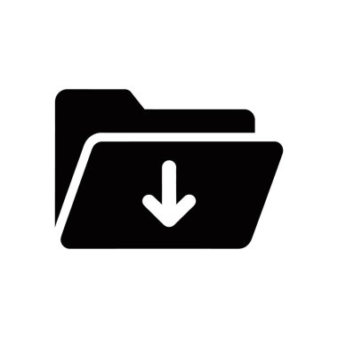 Aşağıya bakan beyaz oklu siyah klasör simgesi indirmeyi sembolize ediyor. Açık bir dosya aktarım göstergesine ihtiyaç duyan web siteleri, uygulamalar ve sunumlar için uygundur.