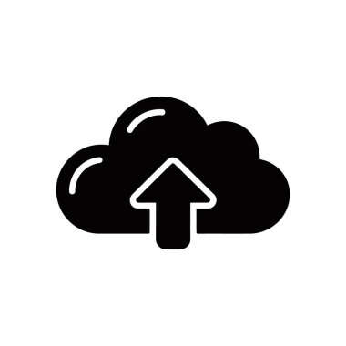 Yukarı bakan bir okla bulut şeklindeki siyah siluet simgesi beyaz arkaplandaki bulut depolamasını simgeliyor. UI / UX tasarımları veya veri kavramları için en iyisi.