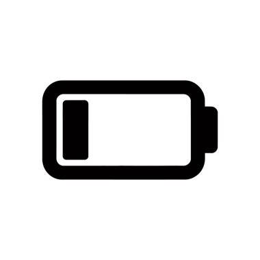 Beyaz arkaplandaki bir minimalist vektör simgesi, arayüzlerde ve tasarımlarda kullanmak üzere çok az yüklü, neredeyse boş durumda bir batarya gösterir.
