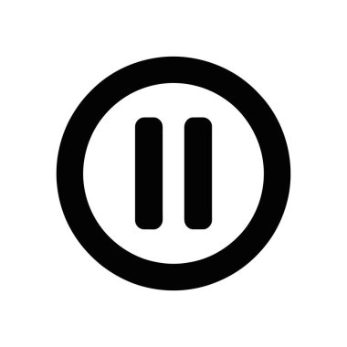 Siyah vektör, temiz beyaz bir arkaplanda izole edilmiş dairesel bir şekil içinde iki dikey çubuk içeren simgeyi duraklat. Medya oyuncuları ve arayüzler için harika.