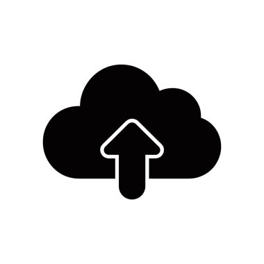 İzole edilmiş vektör simgesi, beyaz arkaplan üzerinde gönderme, veri transferi veya bulut hizmetlerini temsil eden, yukarı bakan belirgin bir ok ile biçimlendirilmiş siyah bulut şekline sahiptir..